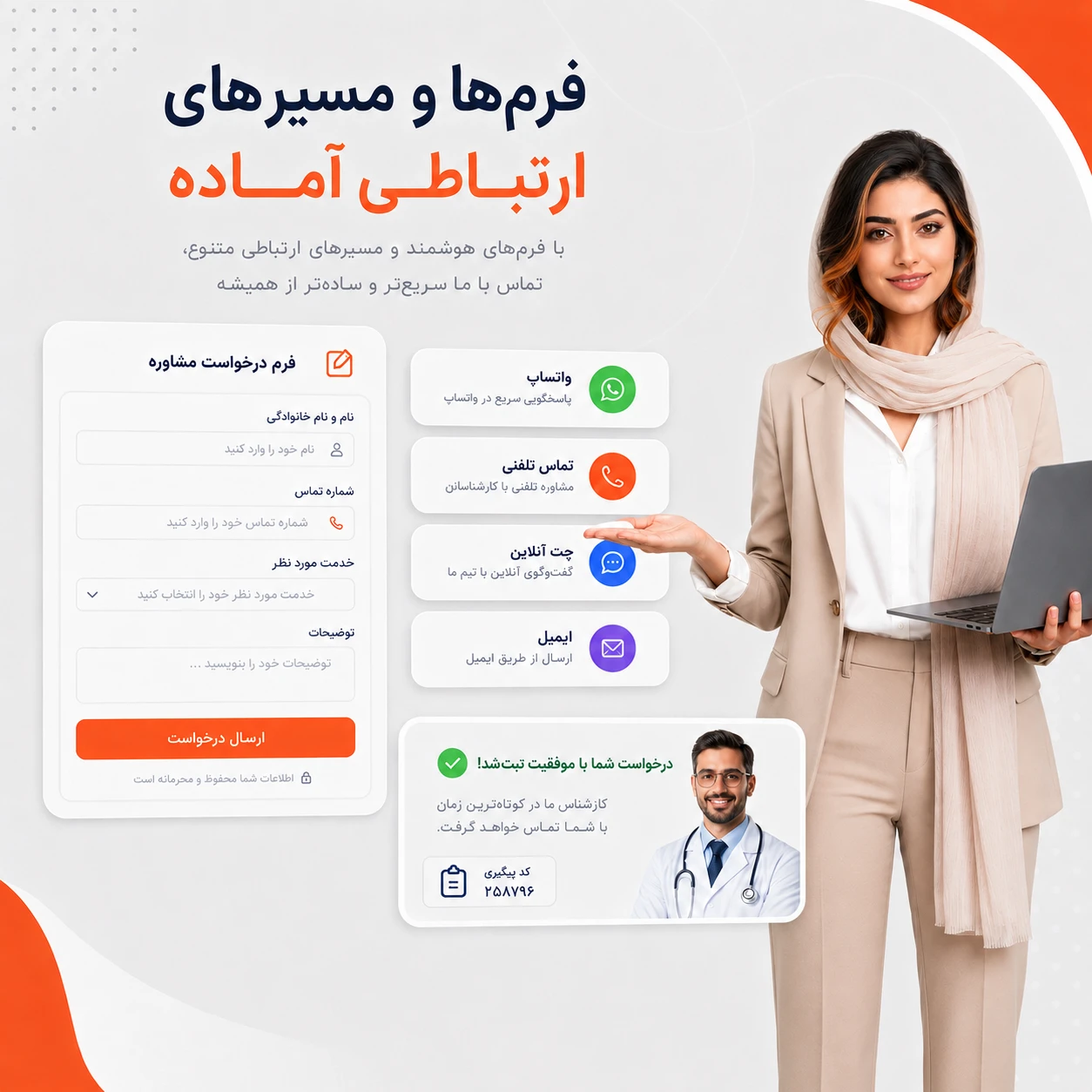 فرم‌ها و مسیرهای ارتباطی آماده برای سایت پزشکی