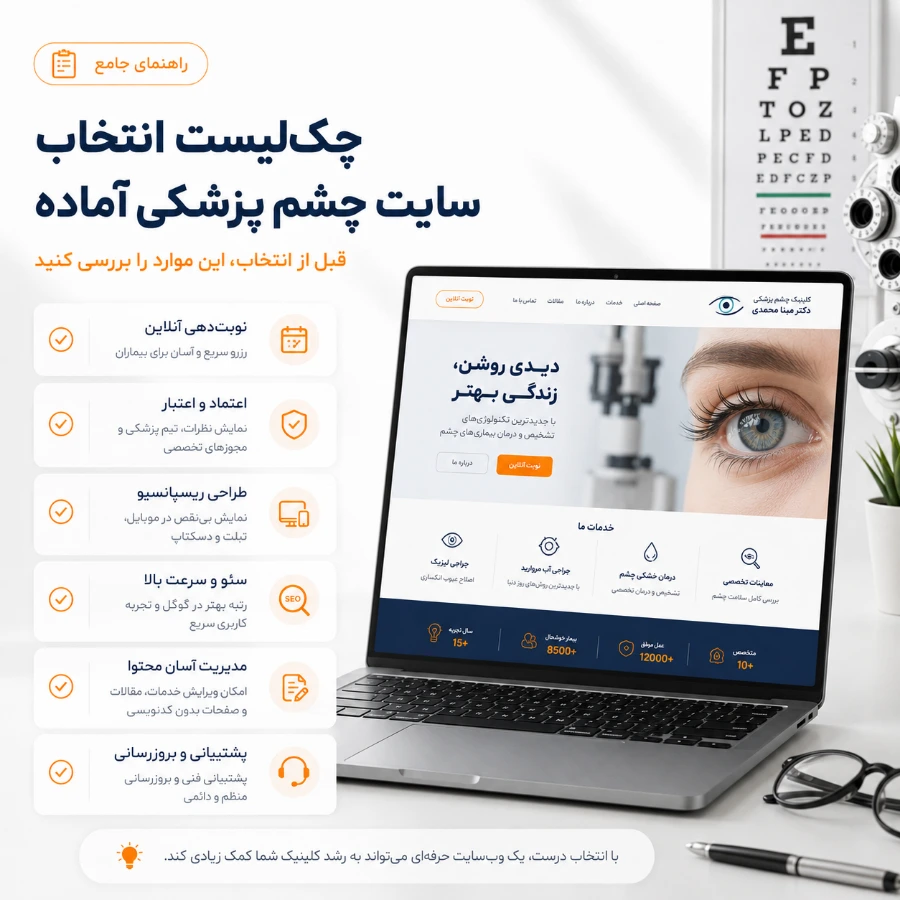 نمایش امکانات سایت آماده کلینیک چشم‌پزشکی در موبایل و دسکتاپ